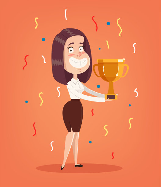 快乐微笑的办公室女人物捧着金杯图片下载