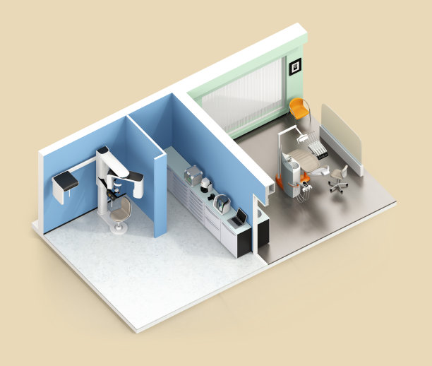 牙科诊所内部的等距视图，使用Con-Beam CT，牙科椅和牙科柜系统图片下载