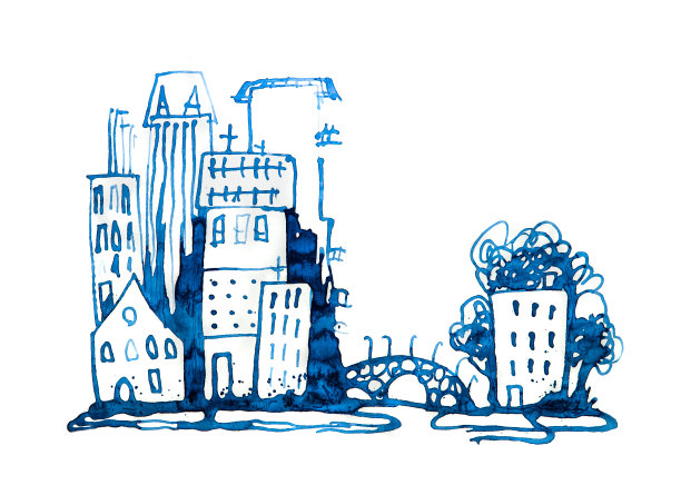 美丽的现代城市道路与摩天大楼，插图采用水彩图片下载