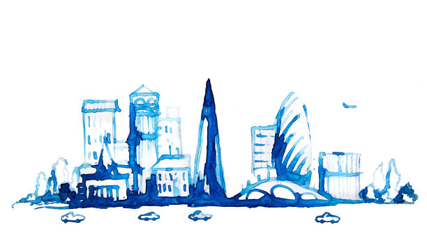 美丽的现代城市道路与摩天大楼，插图采用水彩图片下载