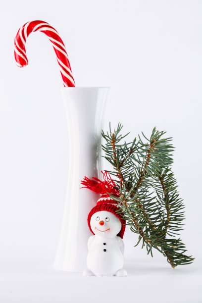 一个圣诞糖果在一个白色的花瓶和小雪人图片下载