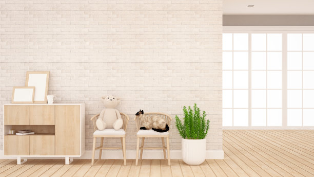 客厅或儿童房椅子上的泰迪熊和猫-艺术品室内设计- 3d渲染图片下载
