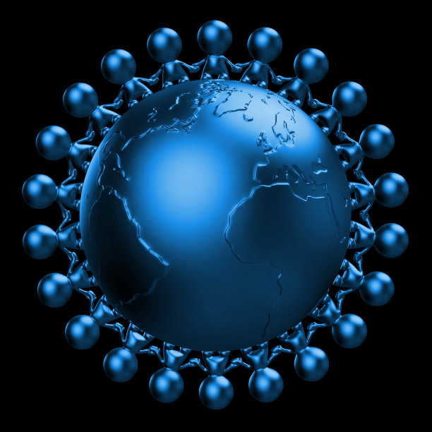 许多可爱的蓝色人类角色手牵着手围绕着一个程式化的地球(3d插图孤立在黑色背景上)图片下载