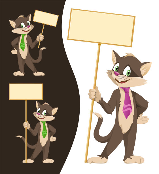 有趣的卡通黑猫在领带拿着空白横幅。卡通风格的矢量插图。图片下载