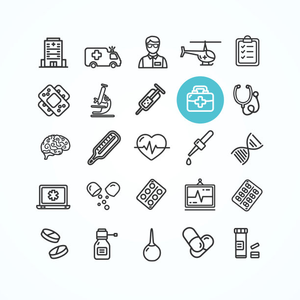 医药符号和标志黑色细线图标设置。向量图片下载