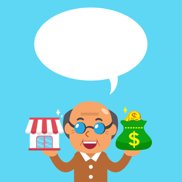 卡通资深男士携带着专营店和钱袋与白话泡泡图片下载