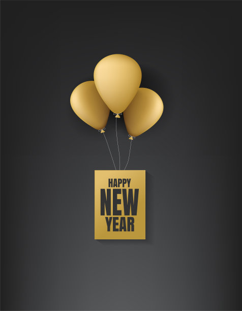 新年快乐概念，黑色背景上的金色气球矢量设计图片下载
