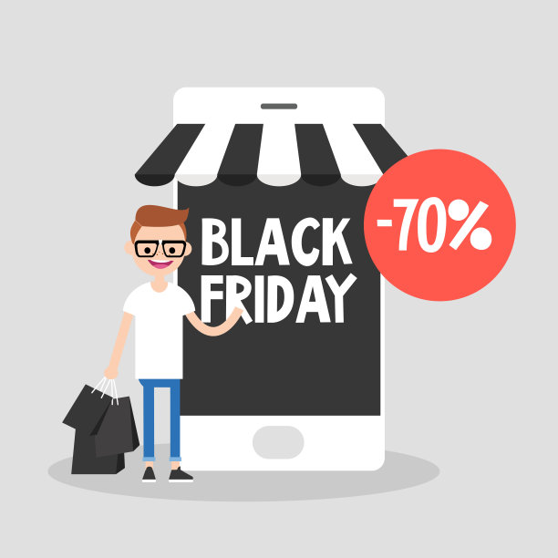 黑色星期五销售。年轻的角色拿着一堆黑色的购物袋。特别优惠价。在线购物。移动电话。在线商店。秋季销售活动。平面可编辑矢量插图，剪辑艺术图片下载