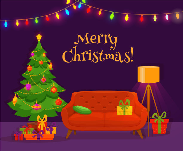 圣诞房内饰以彩色卡通扁平风格。图片下载