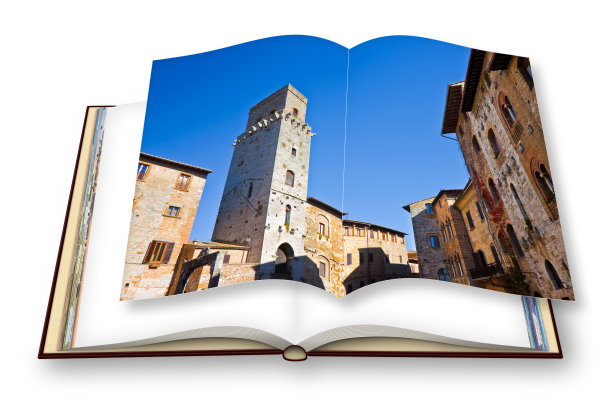 圣吉米尼亚诺(托斯卡纳-意大利)的中世纪建筑-白色背景上的一本打开的相册的3D渲染-我是这个3D渲染中使用的图像的版权所有者。图片下载