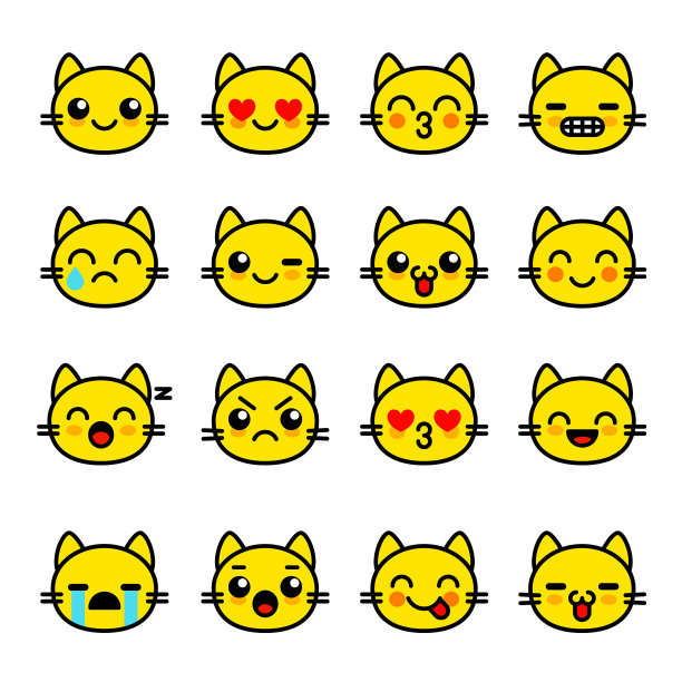 黄色猫咪的表情。用于聊天的表情收藏。向量插图设置猫的脸在线风格素材图片