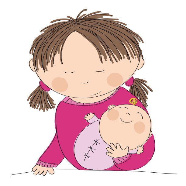 快乐年轻的母亲抱着她的小女孩-原创手绘插图图片下载