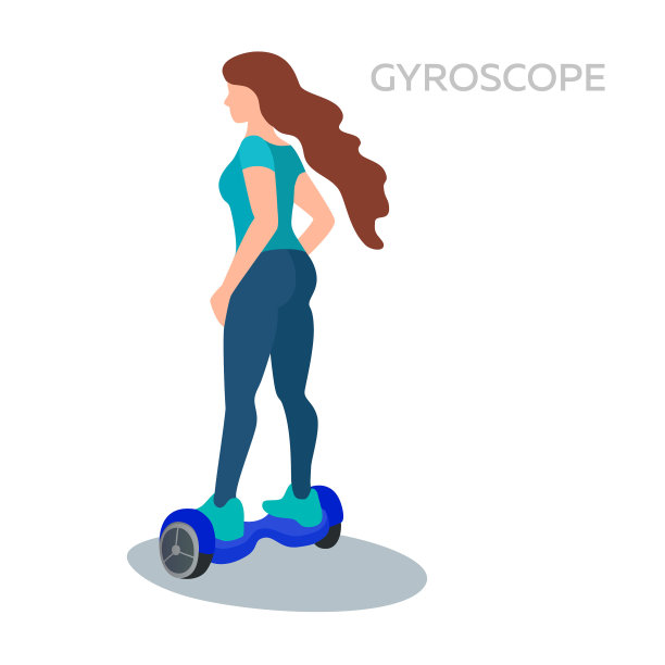 Gyroscooter。年轻女子骑着旋转滑板车。现代设备hoverboard。电动城市摩托车个人交通工具。矢量平面插图。图片下载