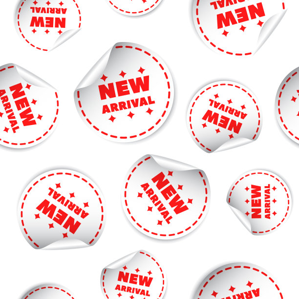 新到来贴纸无缝图案背景图标。商业平面矢量插图。购物销售标志符号图案。图片下载