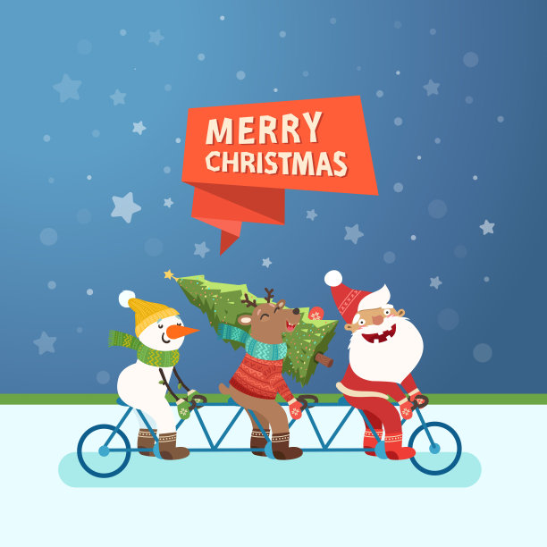 圣诞老人、小鹿和雪人骑双人自行车图片下载