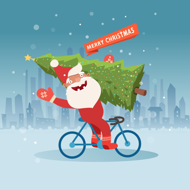 可爱的圣诞老人骑着自行车和圣诞树图片下载