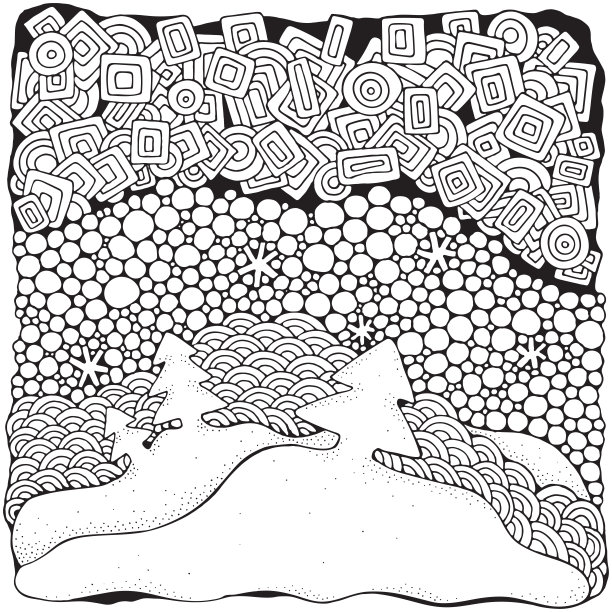 艺术的冬天，圣诞节，民族图案与圣诞树。着色书的模式。新年的夜晚。向量。手绘，花卉，复古，涂鸦，部落设计元素。图片下载