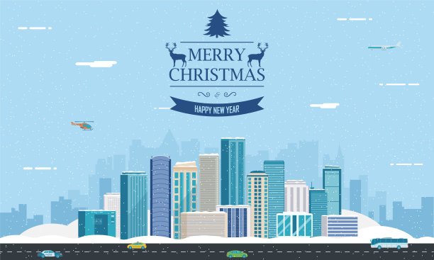 下雪的城市景观。冬天的城市。建筑建筑，城市景观小镇。雪花的城市。向量图片下载