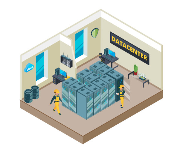 数据中心内部与特定设备的等距图片。云系统和不同符号的网络图片下载