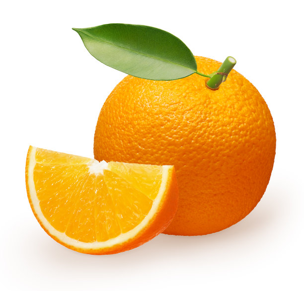 新鲜的橙子，绿色的叶子，切片图片下载