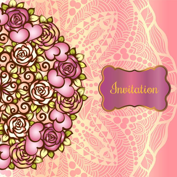 复古的情人节或婚礼邀请卡与黄金框架，心，玫瑰和卷轴。新娘花与花边包装装饰图片下载