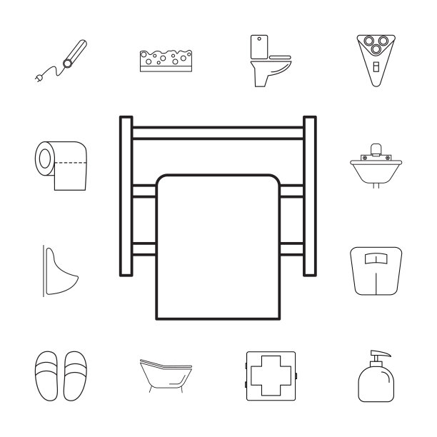 毛巾挂在衣架图标。一组浴室图标。标志，轮廓符号的收集，简单的细线图标网站，网页设计，移动应用程序，信息图形图片下载