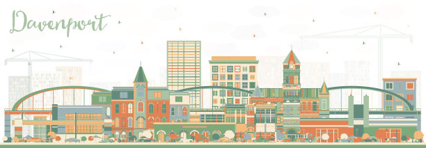 爱荷华州达文波特的天际线与彩色建筑。图片下载