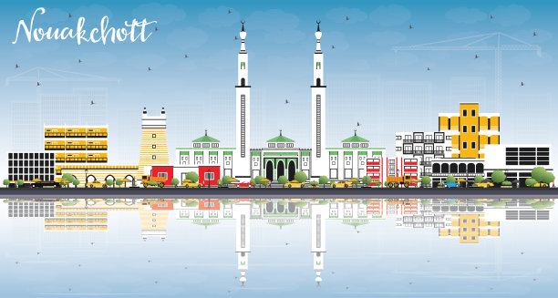 努瓦克肖特毛里塔尼亚的天际线与彩色建筑，蓝天和反射。图片下载