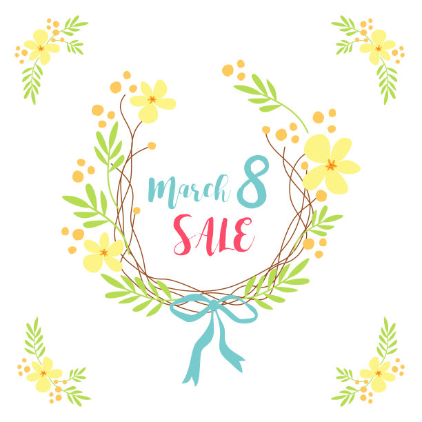 可爱的手绘国际妇女节销售旗帜为乡村花环不同的春天的第一花图片下载