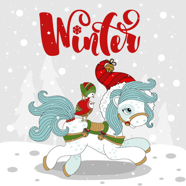 圣诞小马在冬天的背景，雪花。铭文。矢量插图。图片下载