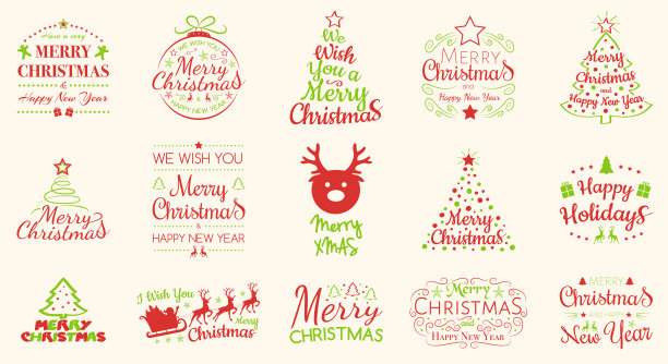 一套红色和绿色的圣诞问候。向量。图片下载