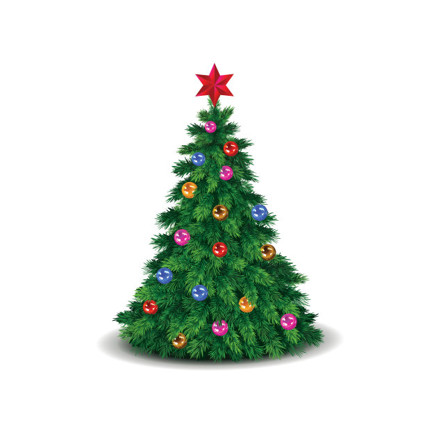 绿色的圣诞树装饰着五颜六色的气球和红色的星星图片下载