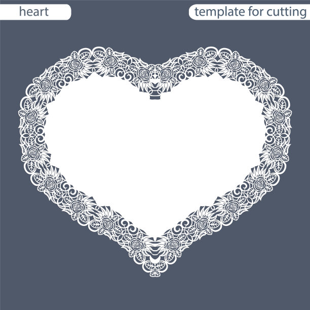 贺卡与镂空的边界，纸垫下的蛋糕，模板切割的形式的心，情人卡，婚礼邀请，装饰板是激光切割，矢量插图。图片下载