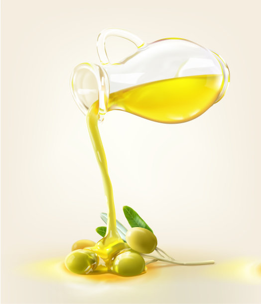 一个橄榄油壶倒在橄榄上图片下载