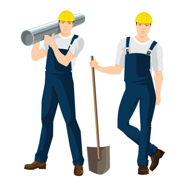 矢量插图的工人在工作服和保护头盔图片下载