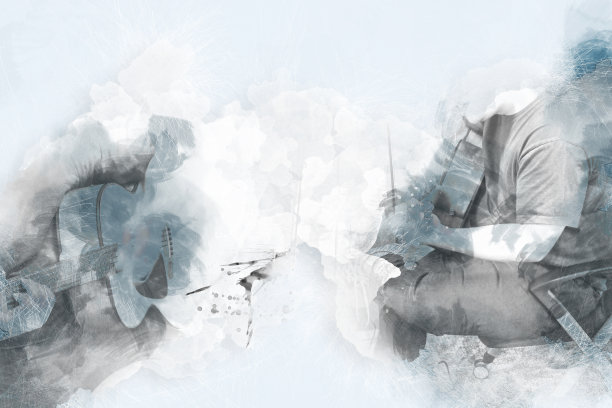 抽象美丽的吉他演奏前景上的水彩画背景和数字插图画笔艺术。图片下载