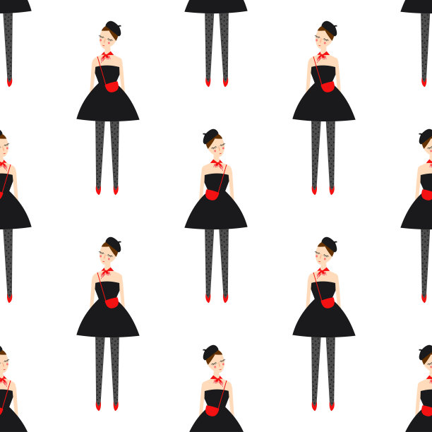 巴黎风格的女孩在黑色连衣裙无缝图案的白色背景。图片下载