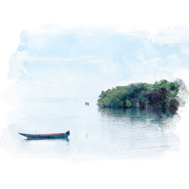 小船在海岛附近的海面上漂浮素材图片