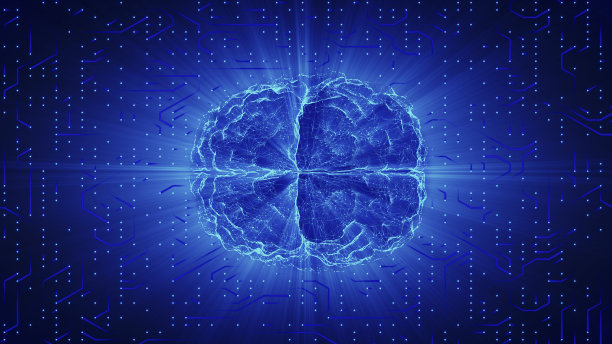 蓝色发光的大脑连接在神经表面或电子导体上。人工智能(AI)和高科技概念。图片下载