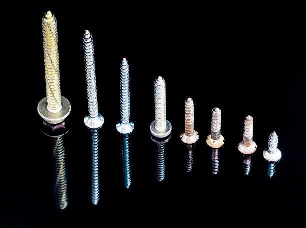 各种螺丝在黑色的背景上用反光，城市螺丝的概念构思。/长螺钉和短螺钉。图片下载