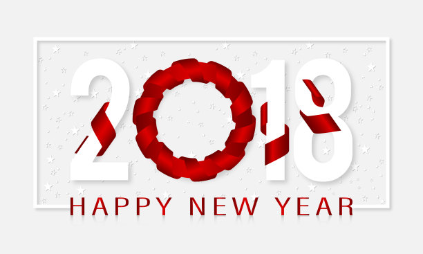 2018年新年快乐红丝带星星背景和白线边框。向量EPS10图片下载