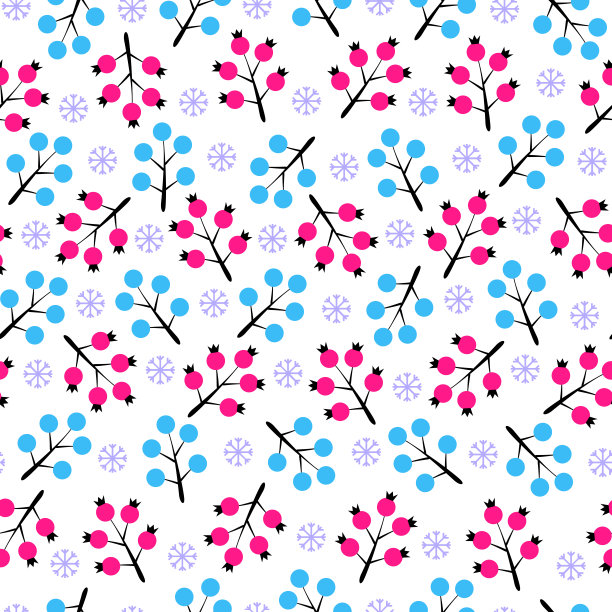 无缝图案的风格化的树枝与红色和蓝色浆果和雪花孤立在白色的背景。假日冬青浆果。冬季，圣诞和新年快乐矢量插画设计。图片下载