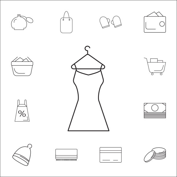 酒会礼服图标。购物元素的集合。优质的平面设计。标志，轮廓符号的收集，简单的细线图标网站，网页设计，移动应用程序，信息图形图片下载