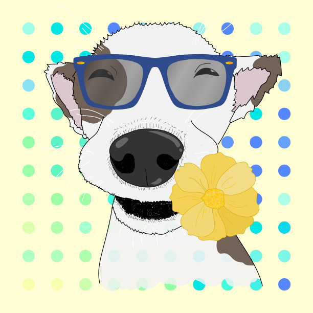 戴着太阳镜的快乐微笑的狗，嘴里叼着花。向量图片下载