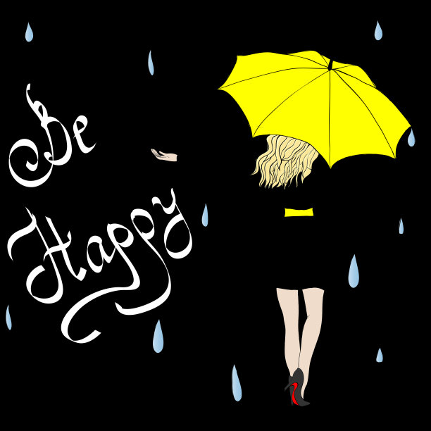 伞下的女孩接住雨滴。“Be happy”手写字体。向量图片下载