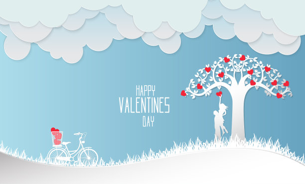 情人节，概念二倾心于旁边的自行车和以蓝色为背景的树，纸艺术和工艺风格。矢量插图。图片下载