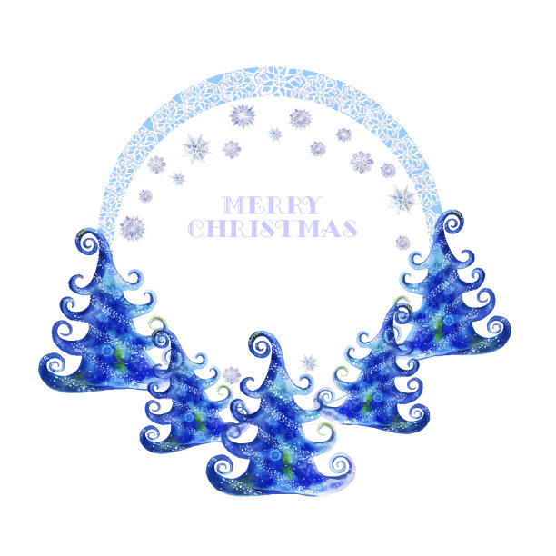 水彩画五棵卡通儿童圣诞树，用圆框点缀，用雪花和框成摇椅的形式，献给新年和圣诞，一个梦想的新年图片下载