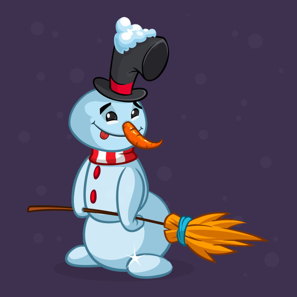 滑稽的卡通雪人戴着帽子和扫帚。圣诞雪人人物插图概述和孤立图片下载