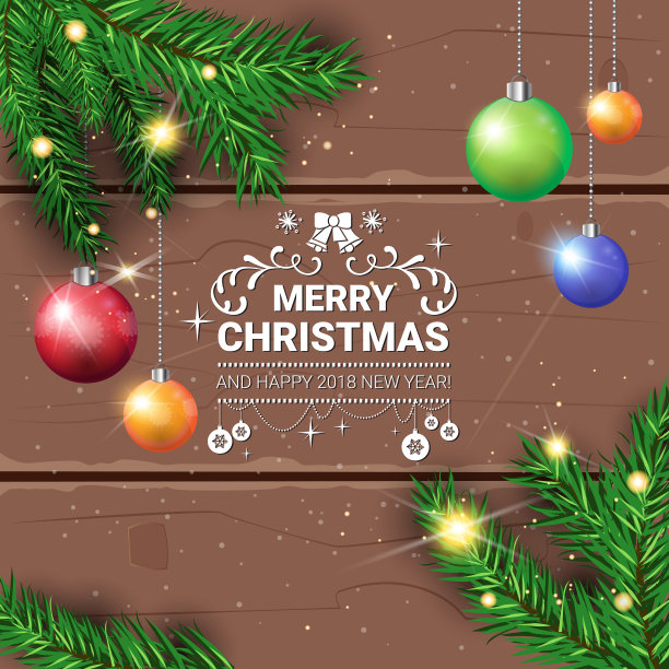 圣诞快乐传单节日装饰设计绿色冷杉树与彩色的球在木制的背景图片下载