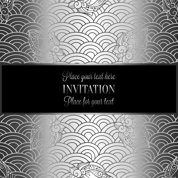 矢量抽象波浪邀请卡与几何鱼鳞布局。深黑背景上的银灰色花格。扇形风格化海浪。带有装饰性花朵的鱼鳞图片下载